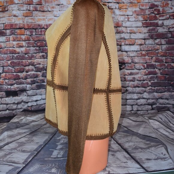 Carducci Sz Medi Leather Suede Jacket Crochet Patchwork Button Tan Boho Cowgirl - Picture 8 of 12